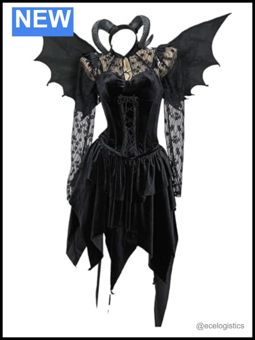 Gothic Devil Halloween Cosplay Costume Set Velvet Lace Corset Skirt Bat Wings